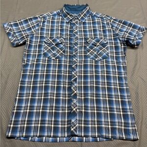 Kuhl Men’s Black Pearl Snap Navy/White Plaid Button Down Western T-Shirt Size M